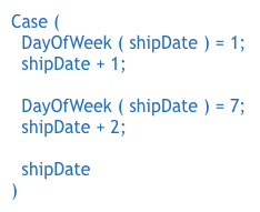 A Case function that checks for weekend dates and adds one or two days, changing them to Monday dates.